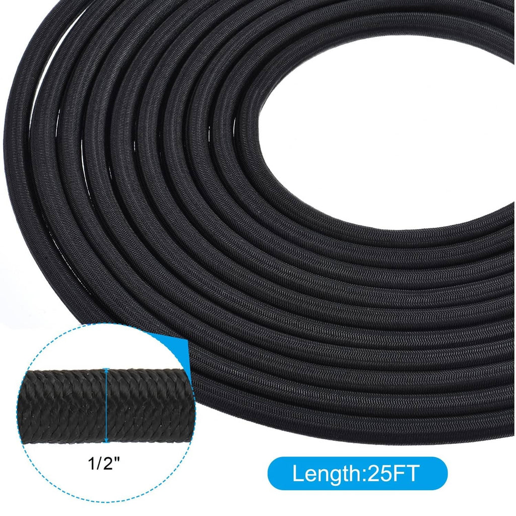Black bungee shock cord coil close-up, 1/2 in thickness shown