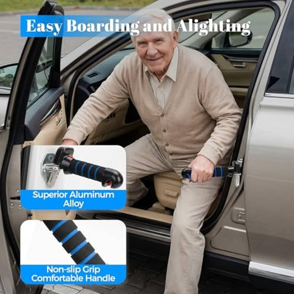 Blue-and-black handle assist mounted on a car door, held by a driver