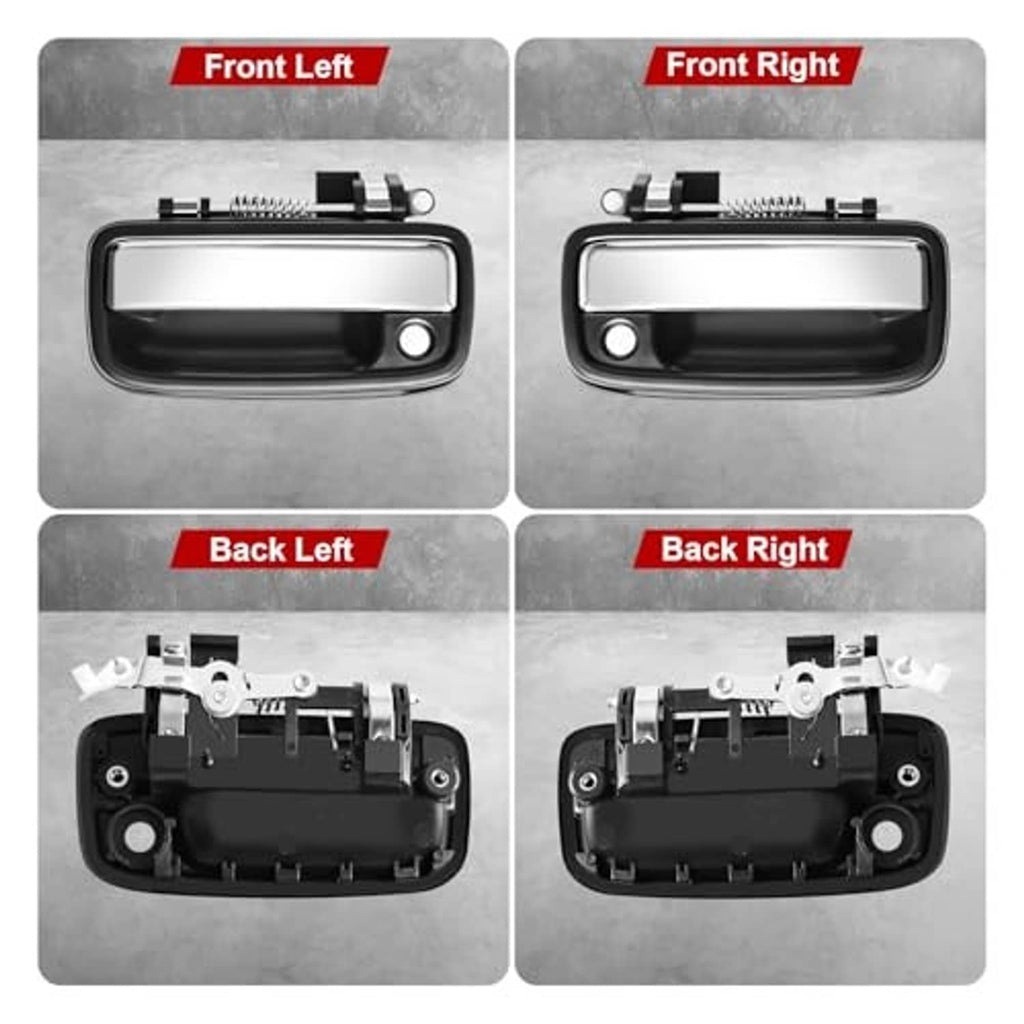 Exterior door handle kit showing front and back left/right handles with black and chrome finish