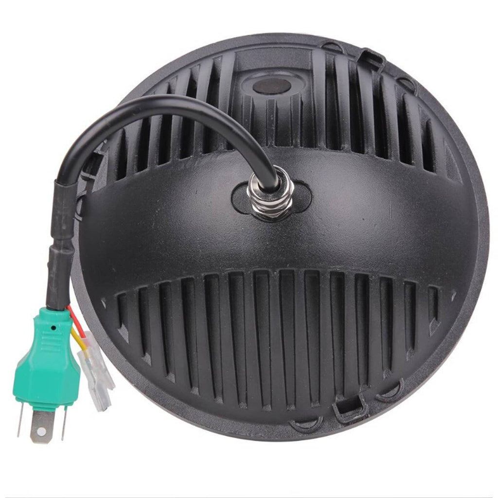 Round halo LED headlight rear housing with cooling fins and wire pigtail