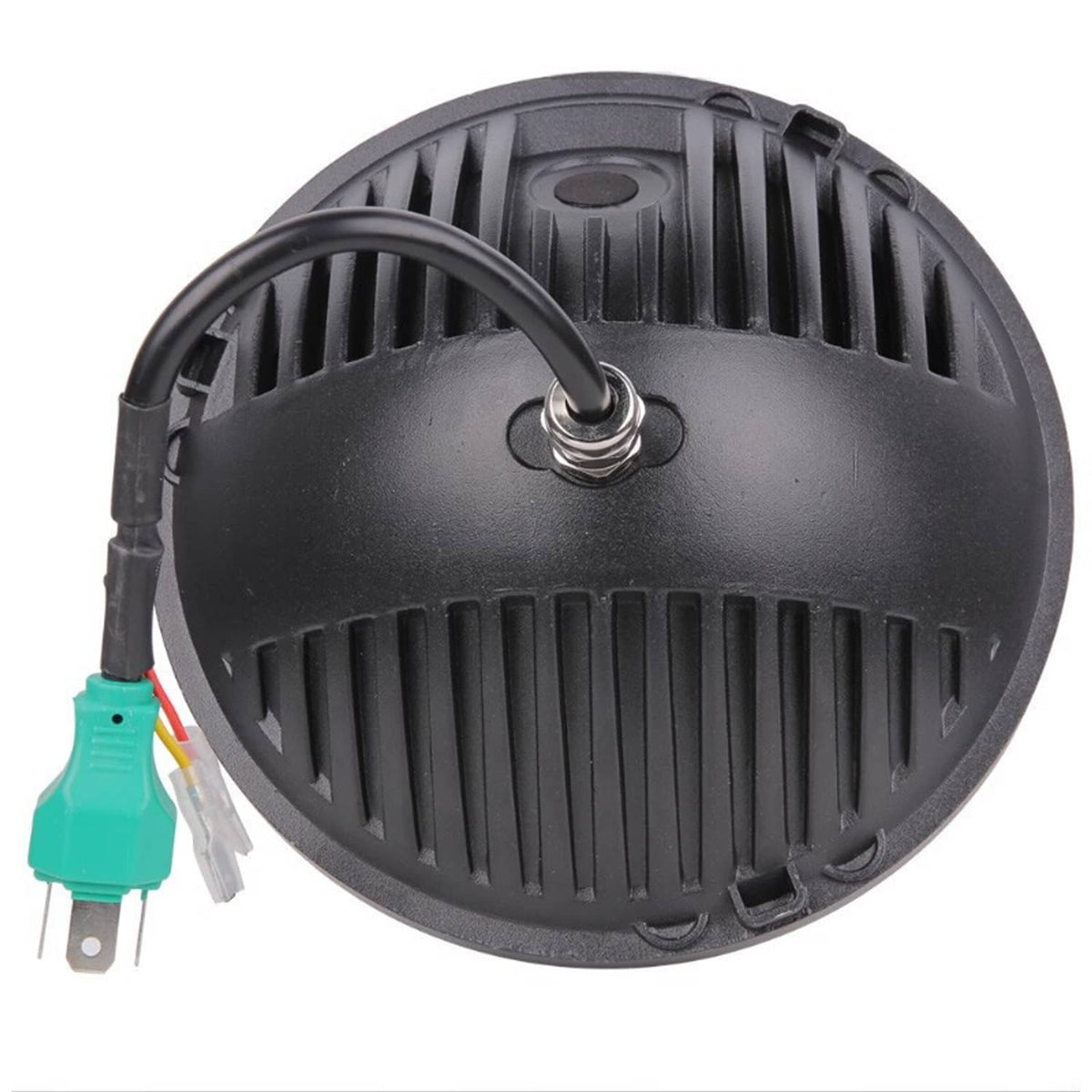Round halo LED headlight rear housing with cooling fins and wire pigtail