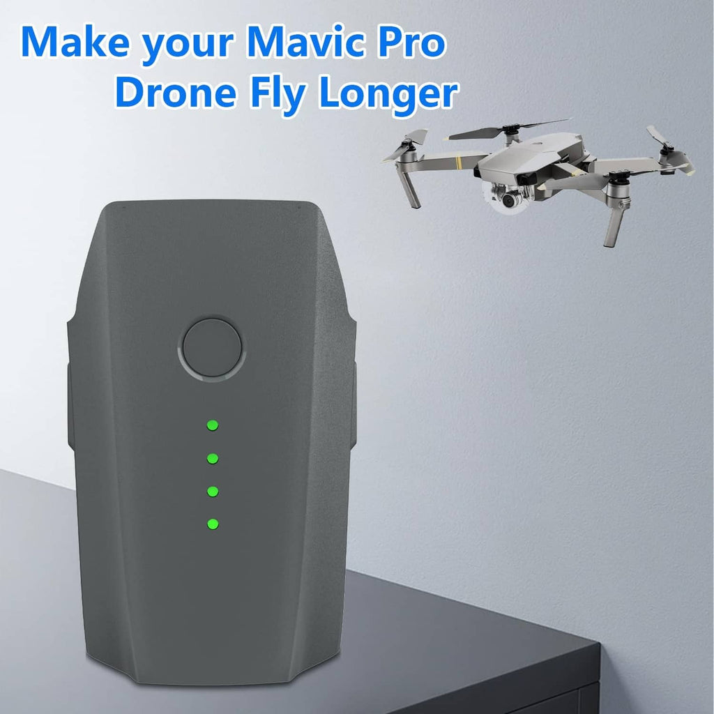 Intelligent flight battery front view, gray shell with green LED indicator lights