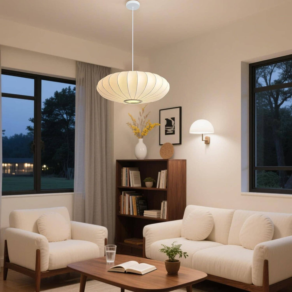 Cream-white ribbed bubble lantern pendant light hanging in living room