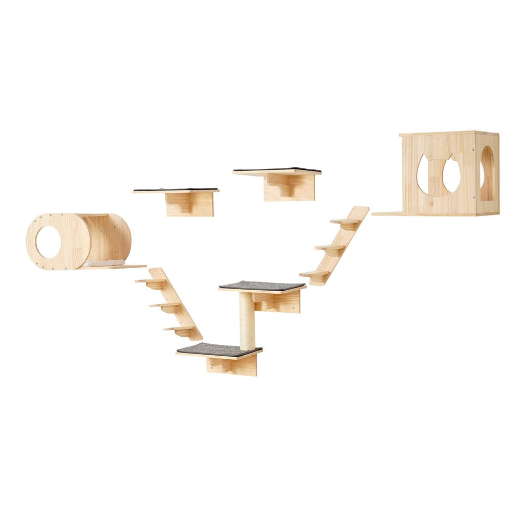Wall-mounted cat shelf tree set with light wood ramps, perches, sisal-wrapped post, and cat house