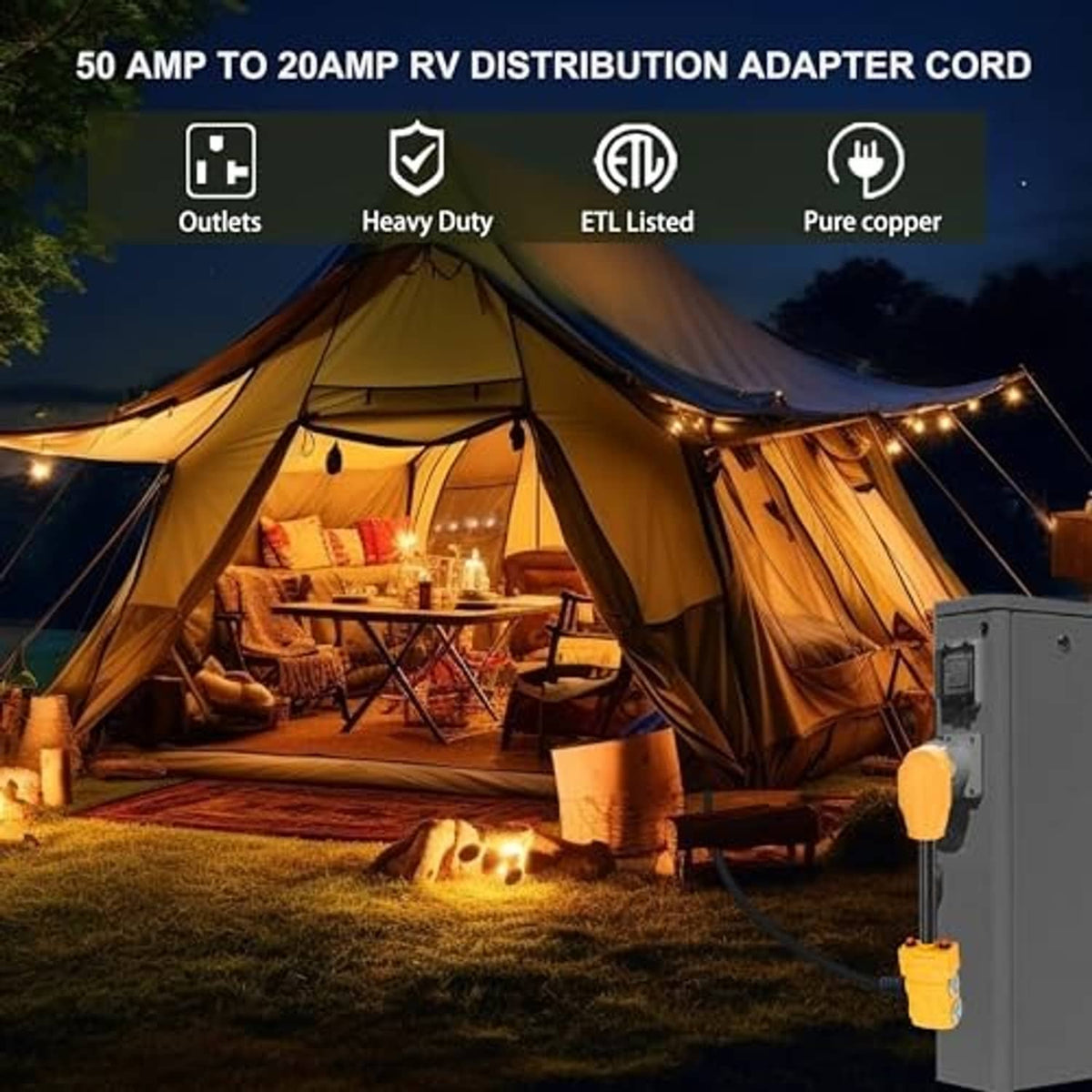 Power adapter with yellow output plug and black cord for generator/RV use