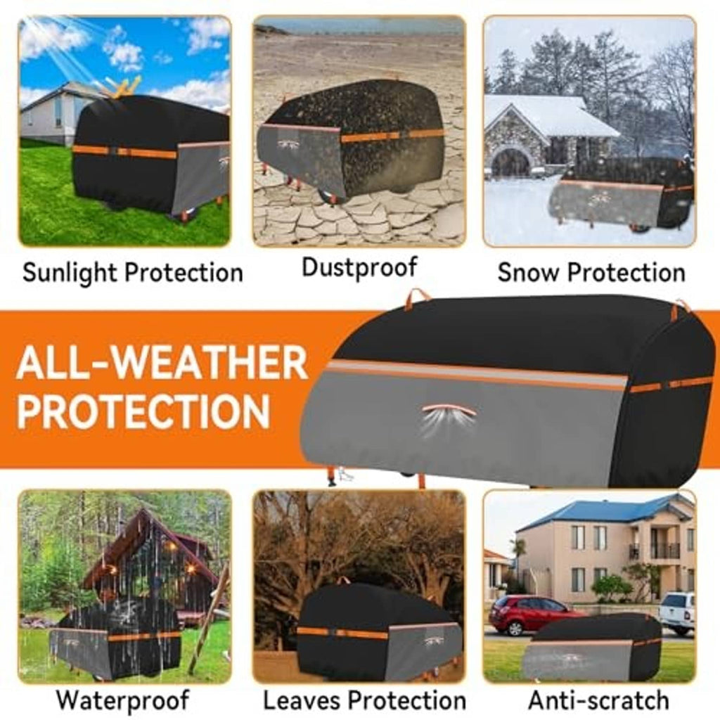 All-weather log splitter cover, black with orange stripe for snow, dust, debris
