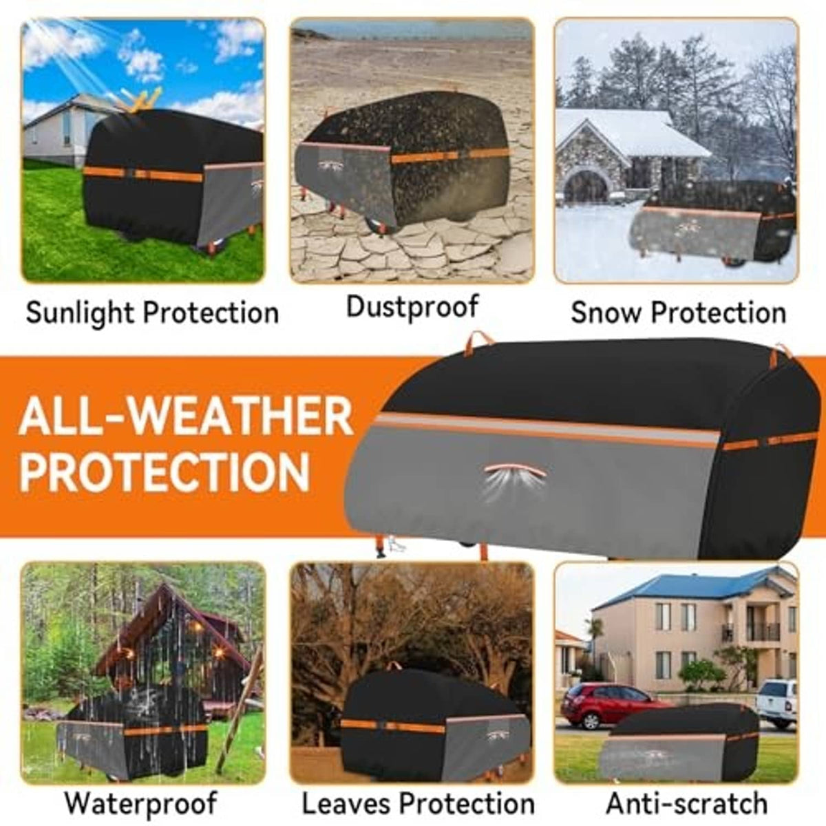All-weather log splitter cover, black with orange stripe for snow, dust, debris