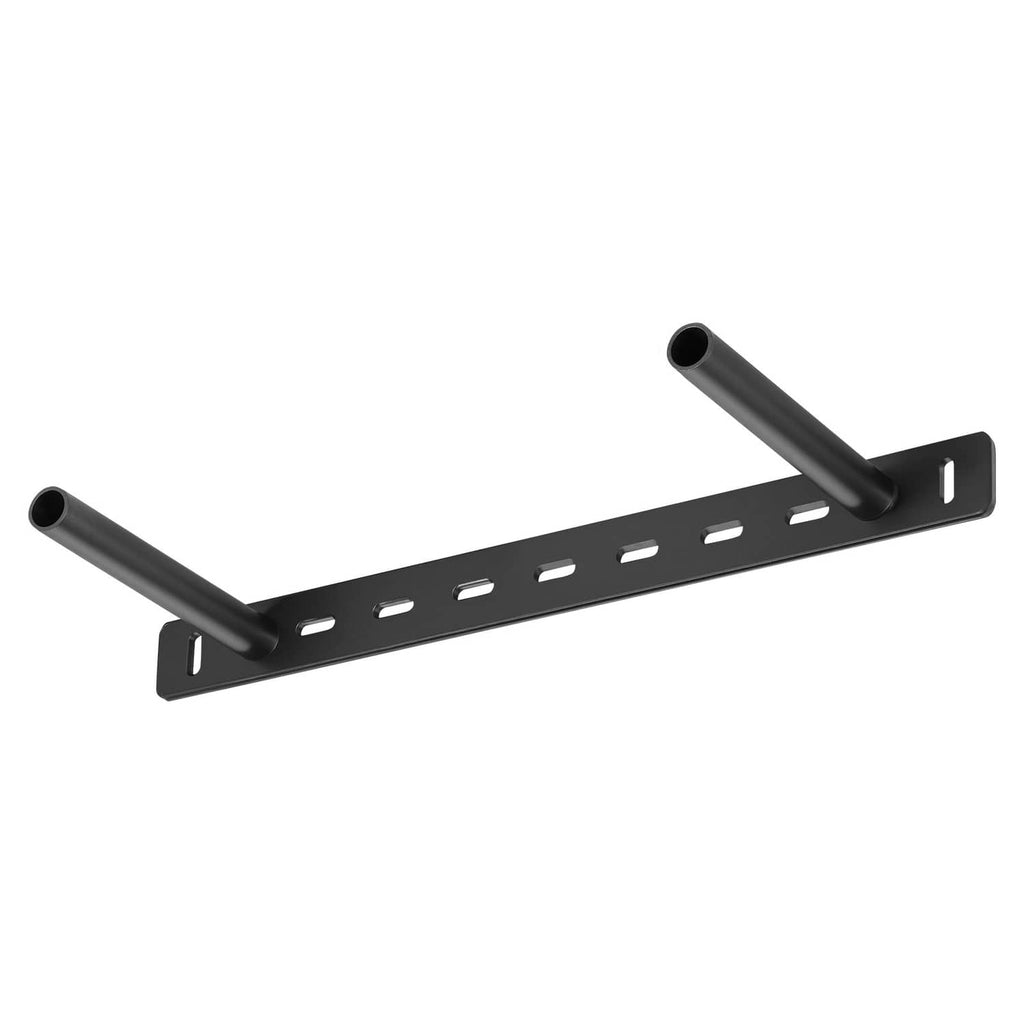 Black floating shelf bracket with perforated strip, two tubes, and corner mounting tabs