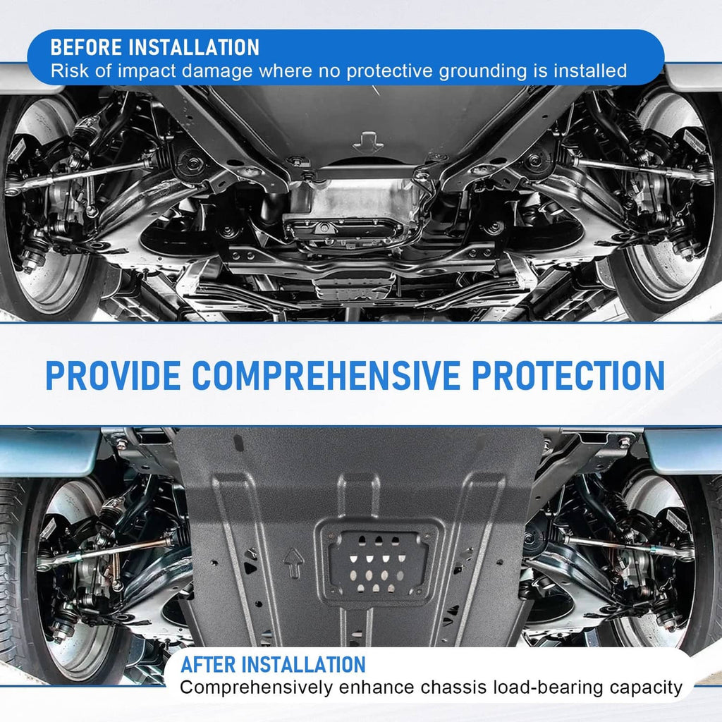 Installed dark gray transmission skid plate with central perforated vent insert