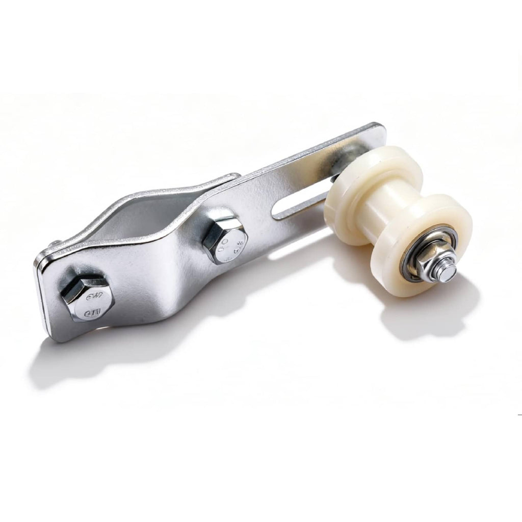 Metal chain tensioner with white guide wheel and mounting bolts