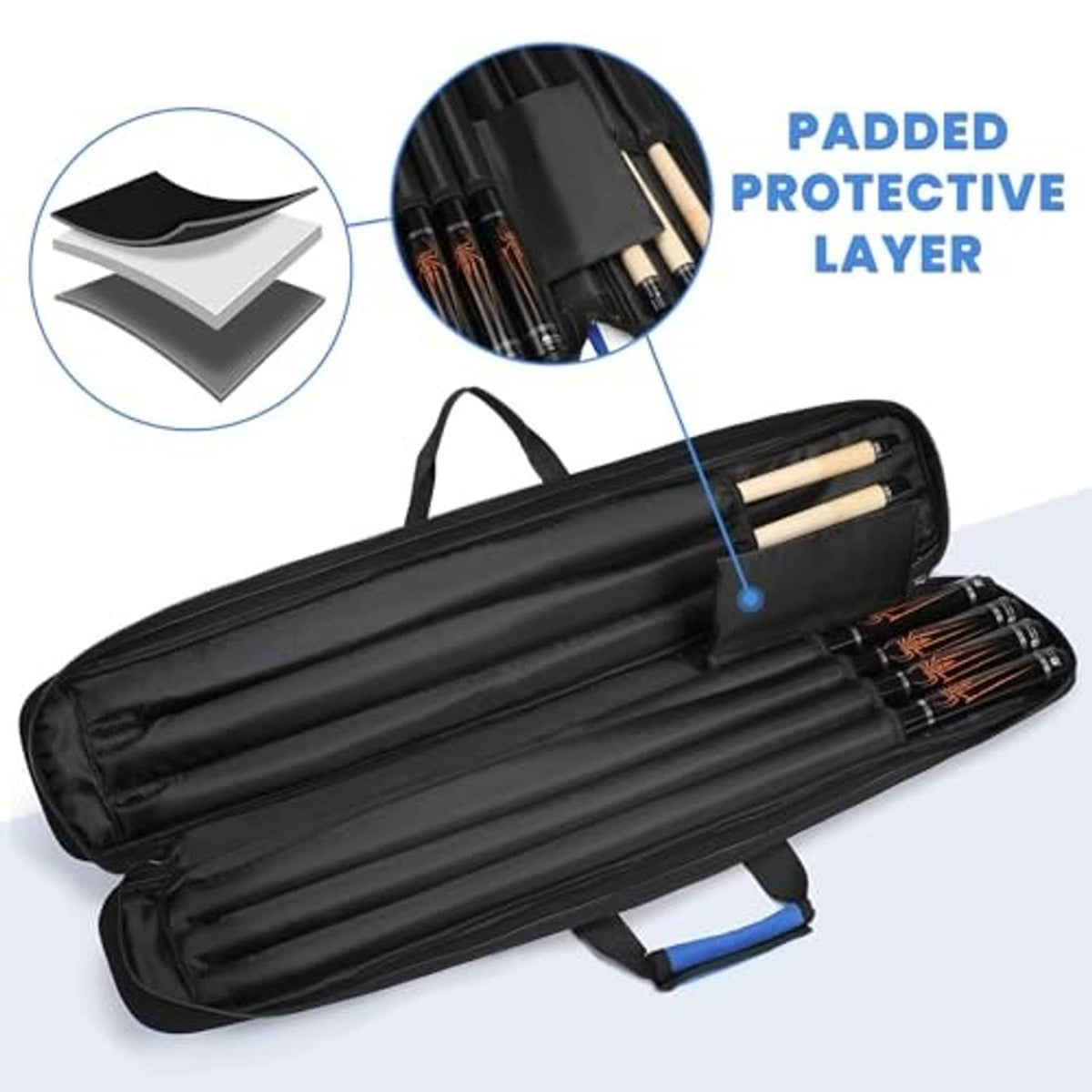 Black padded billiard cue bag with protective layer, handle, and cue compartments