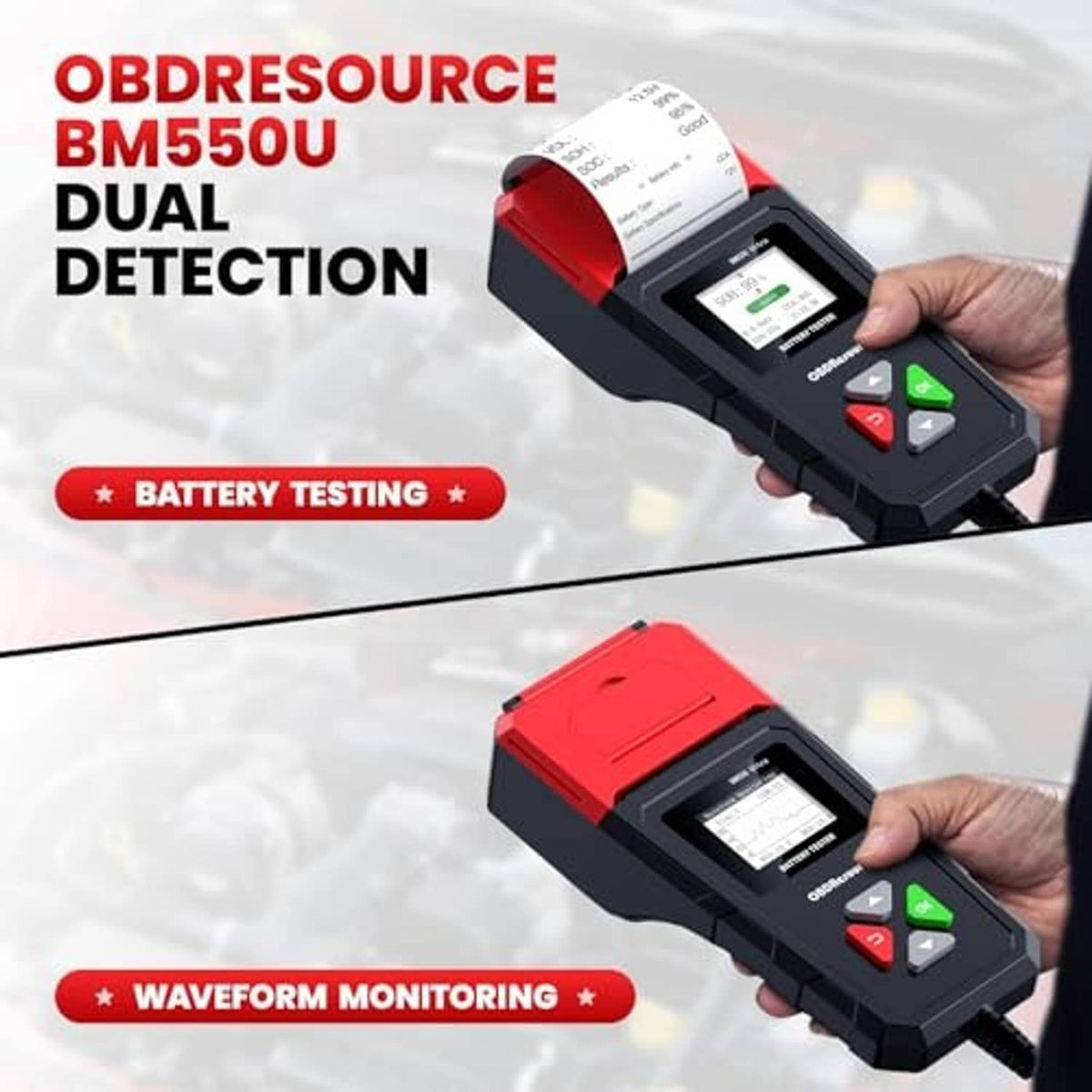 Car battery tester with red top housing and LCD results display