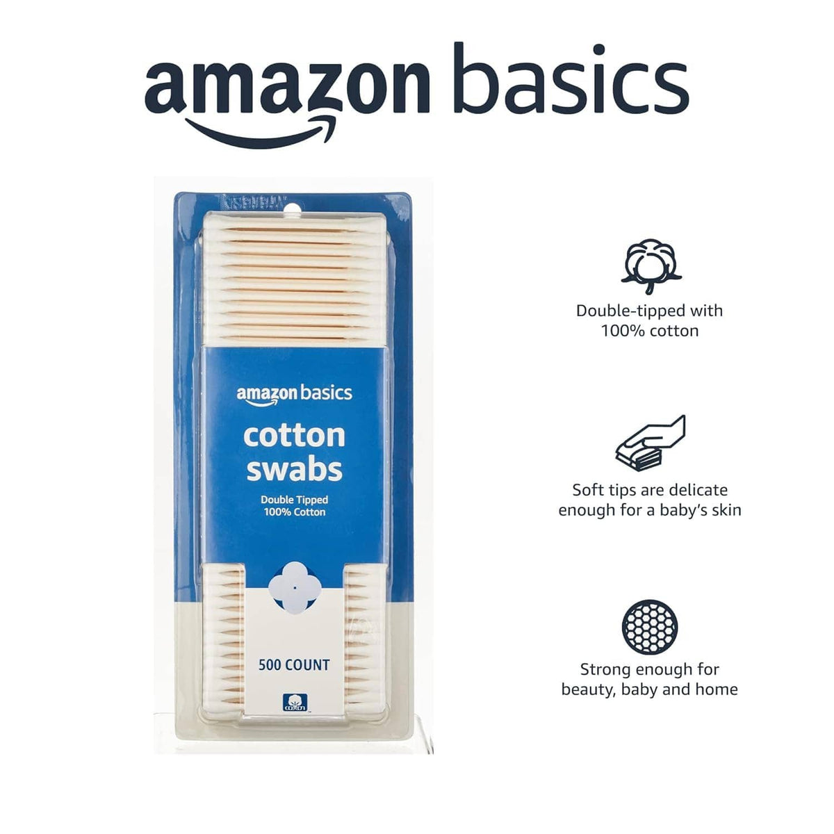 Double-tipped cotton swabs in blue-and-white retail pack, 500 count, 100% cotton