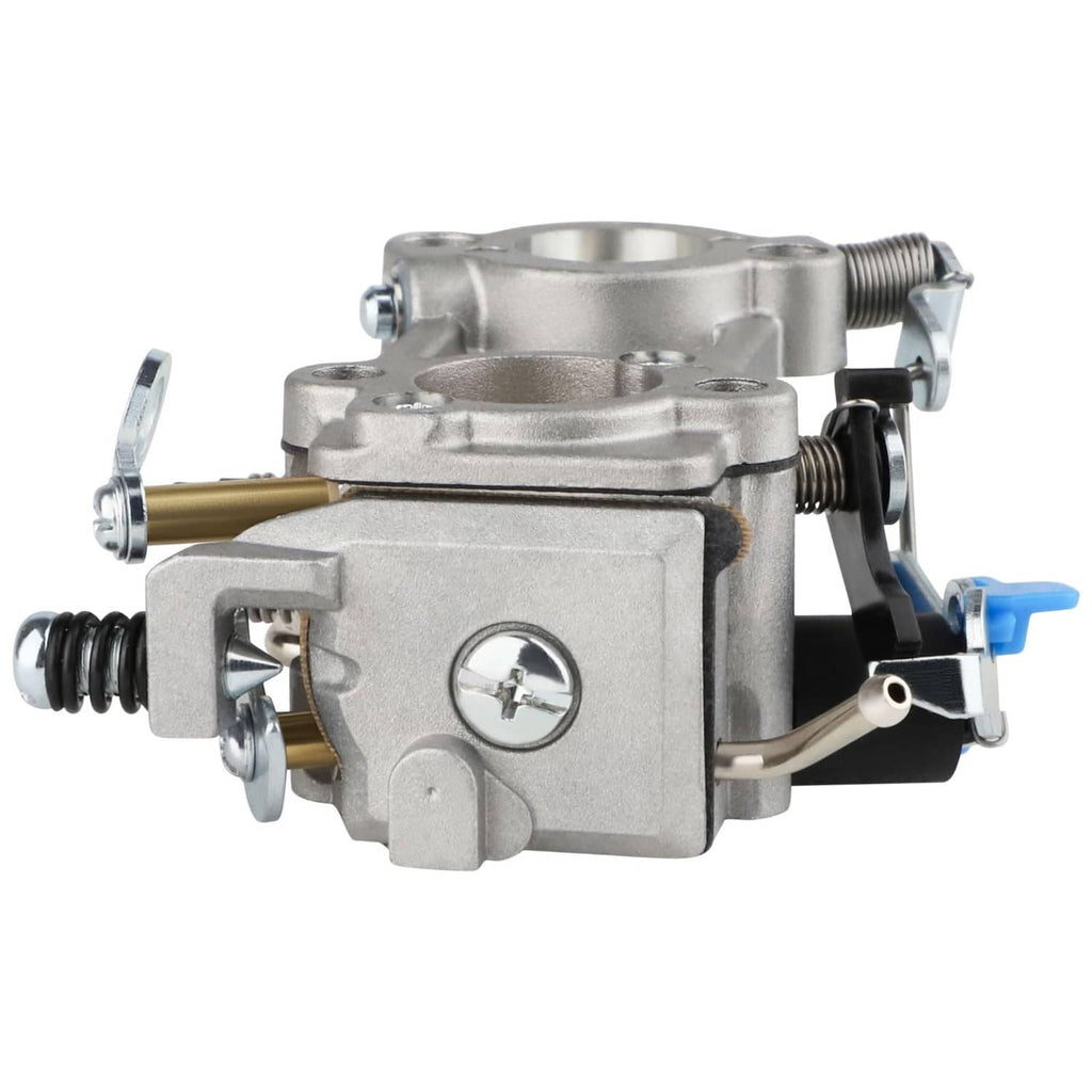 Grey carburetor unit with black insulator and blue linkage clip, side view