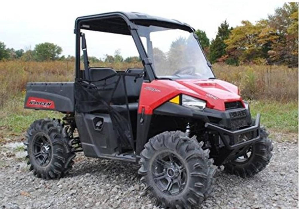 3/4 view of clear full windshield with black frame on red off-road UTV