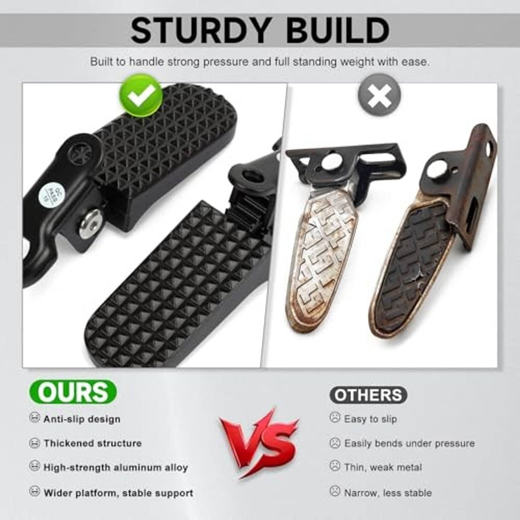 Black anti-slip bike foot pegs with thick textured tread and mounting hardware