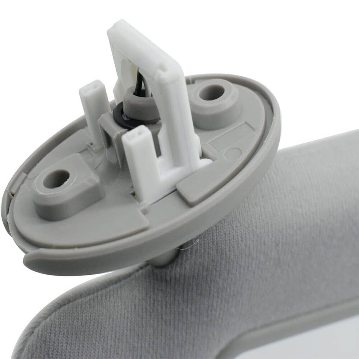 Left driver-side sun visor clip with sunroof, light gray plastic hardware