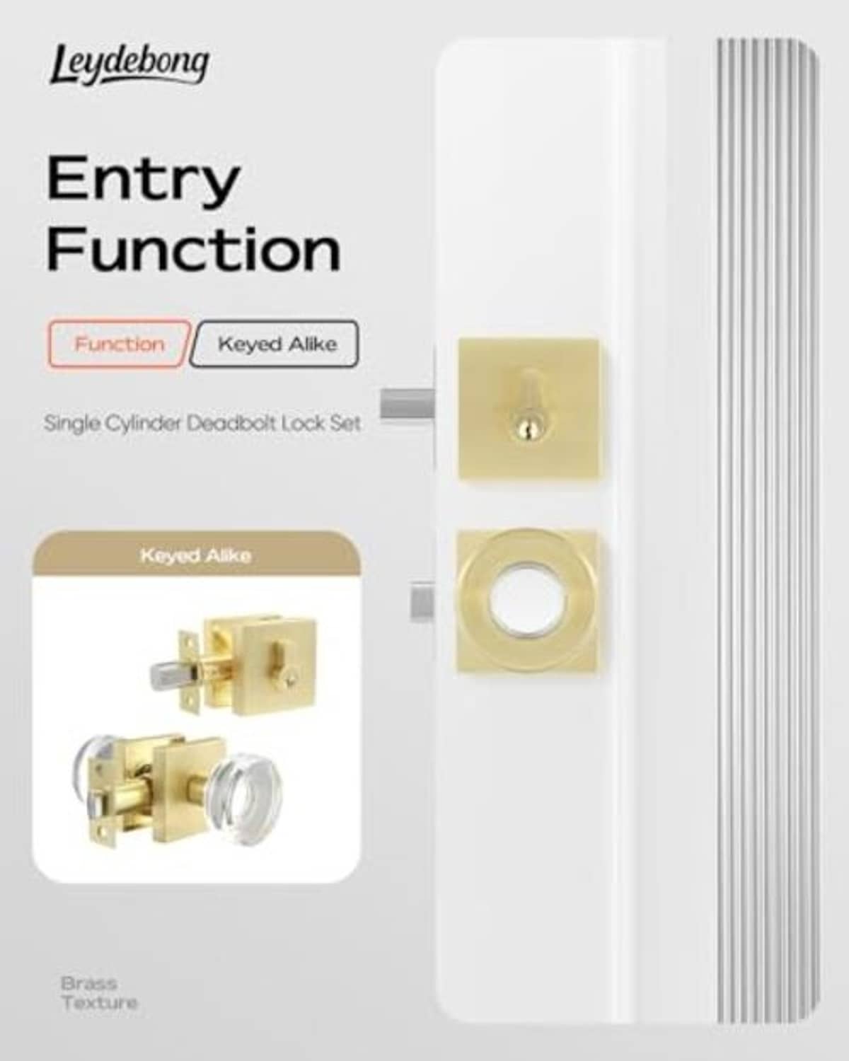 Single-cylinder deadbolt lock set with satin brass hardware and chrome knob