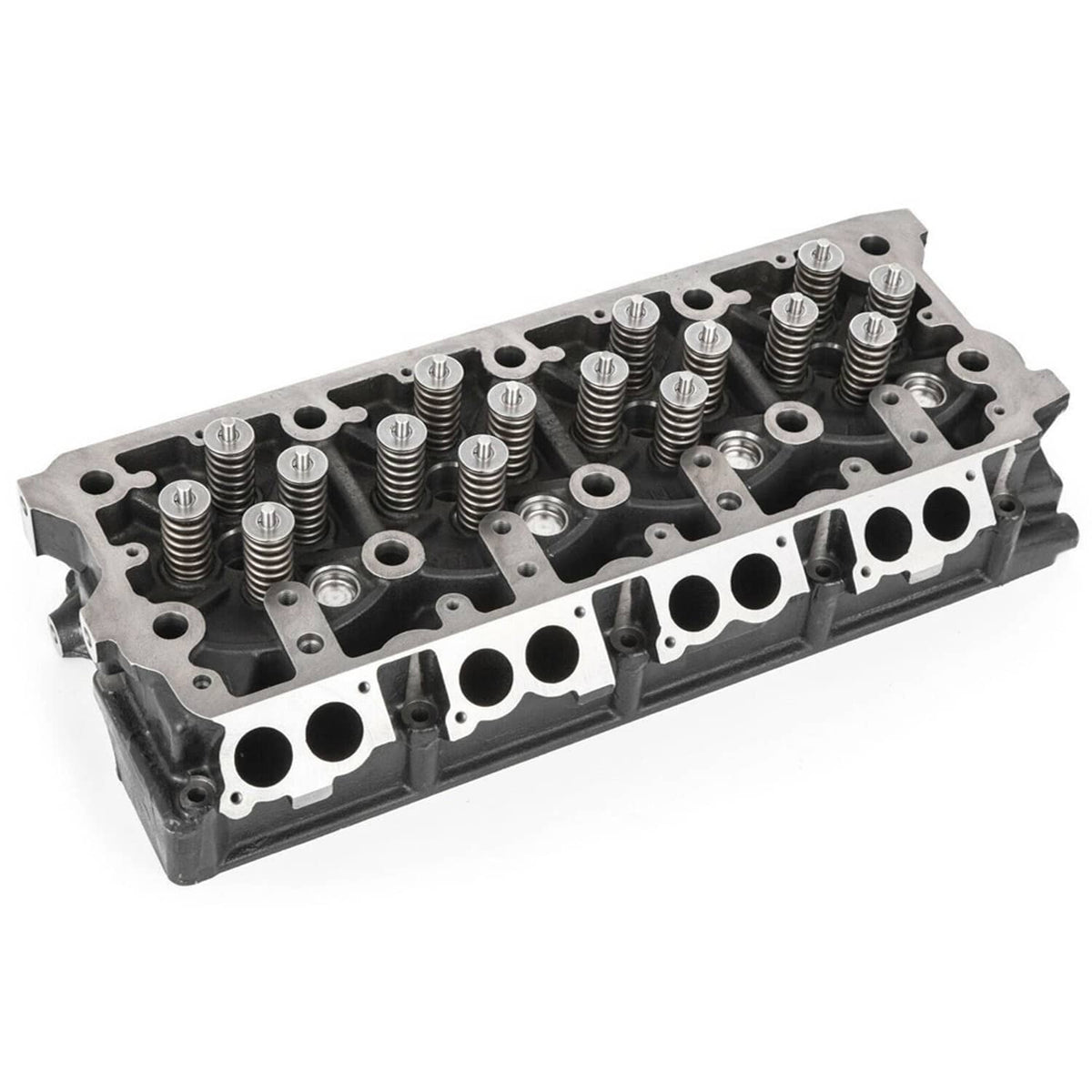 Engine cylinder head with valve springs and machined rocker openings in cast metal housing