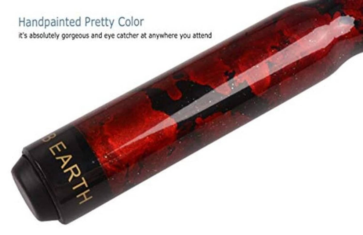Pool cue end cap and red-black speckled shaft with white dot highlights.