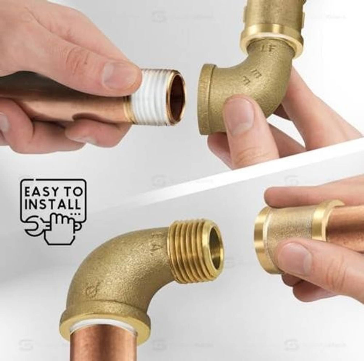 Brass 90-degree street elbow fitting during installation with threaded connection