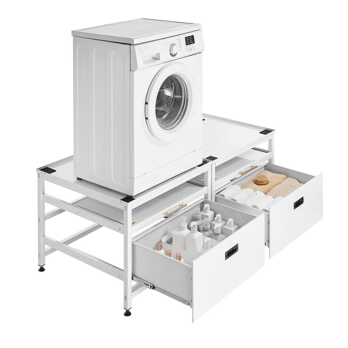 White washer base pedestal under two washers with open shelves and multiple storage compartments
