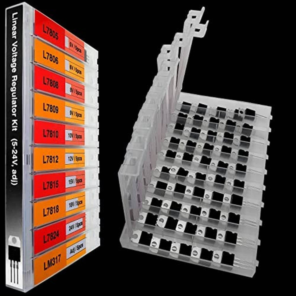 Voltage regulator kit case with clear compartments and side board showing L7805–LM317
