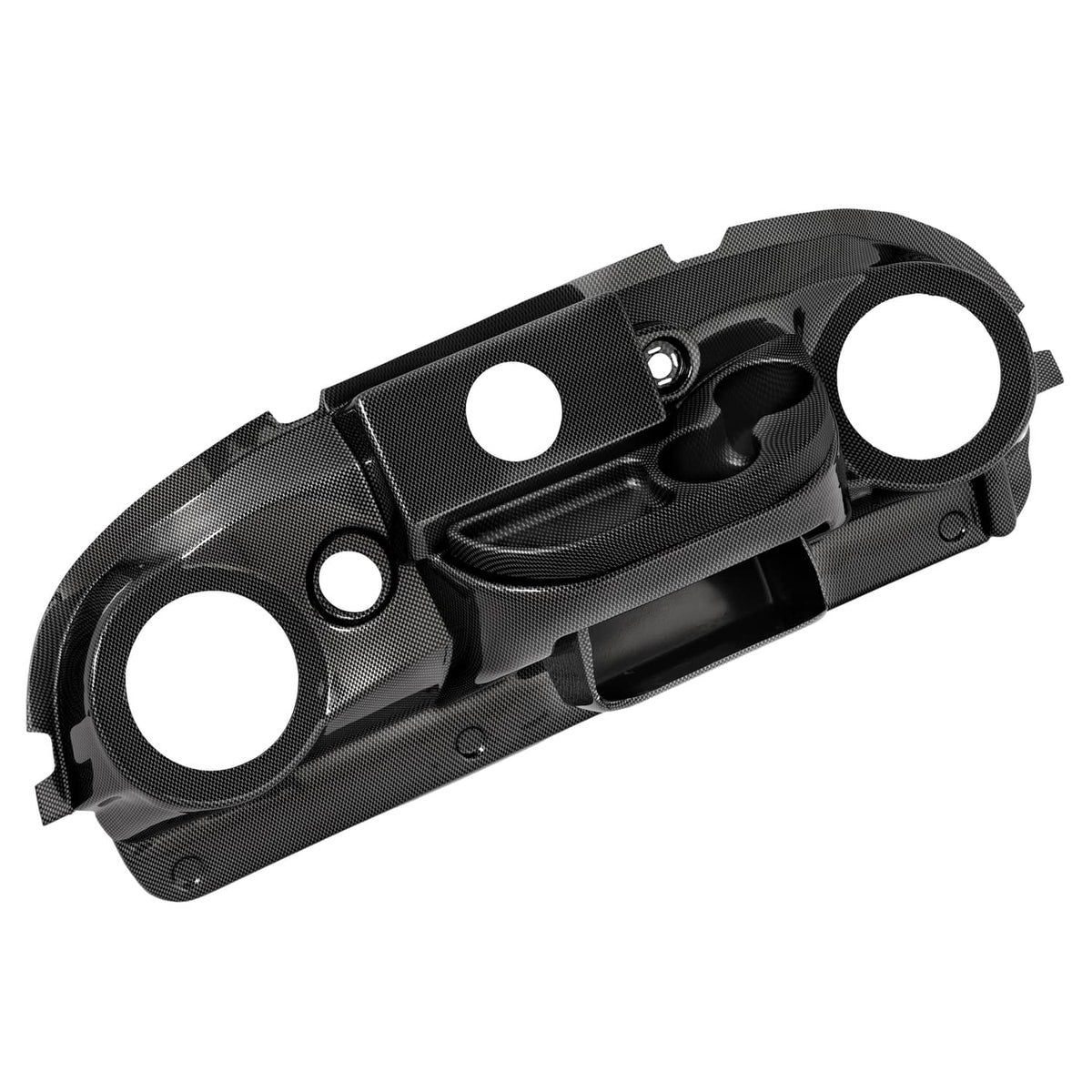 Carbon fiber style golf cart dashboard cover with circular speaker openings and center tray