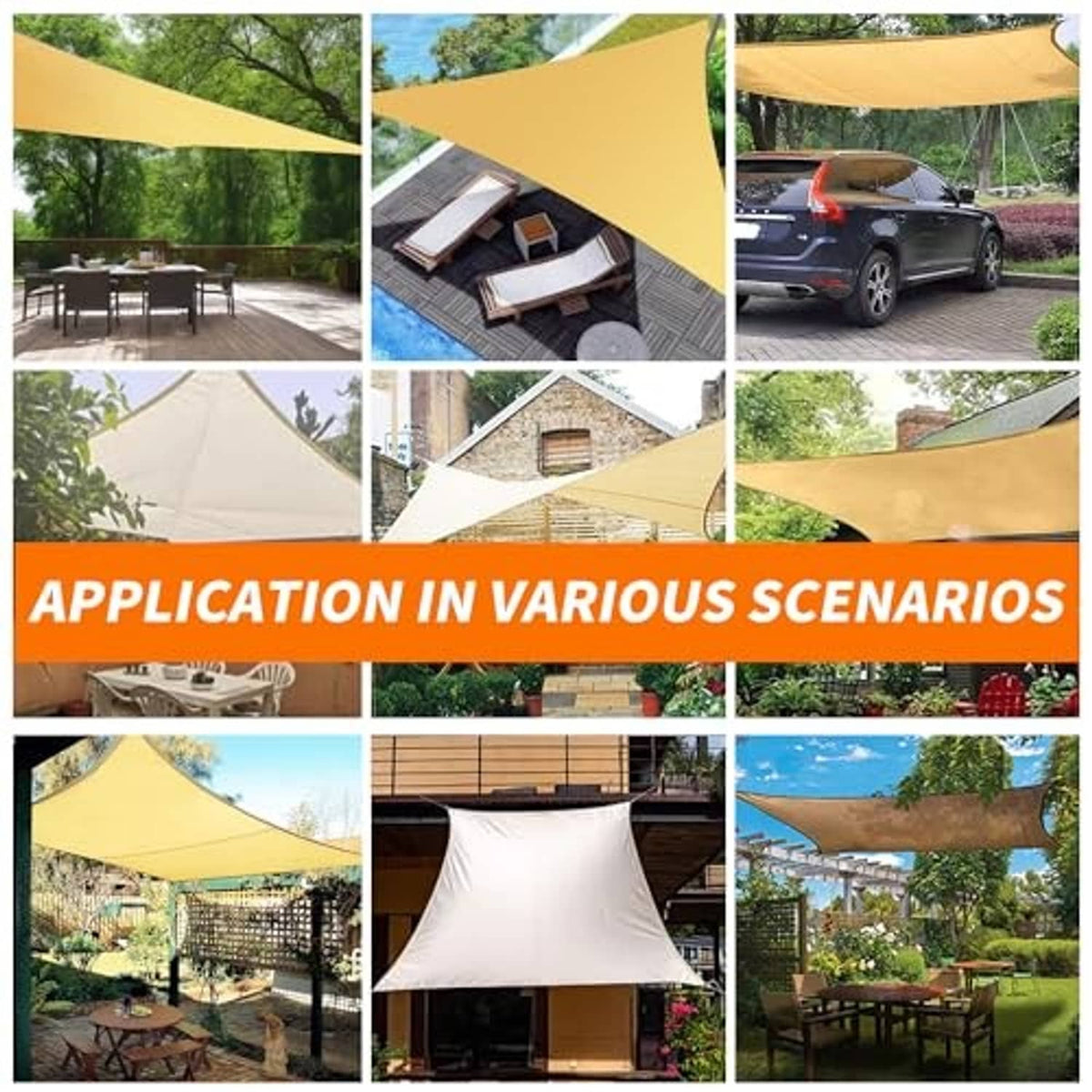 Yellow shade sail used over patio tables, carport, and garden seating