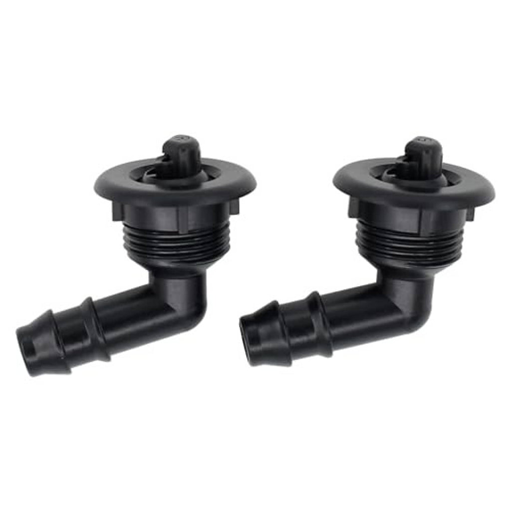 Two black washer nozzle sprayers with threaded bases and angled spout nozzles