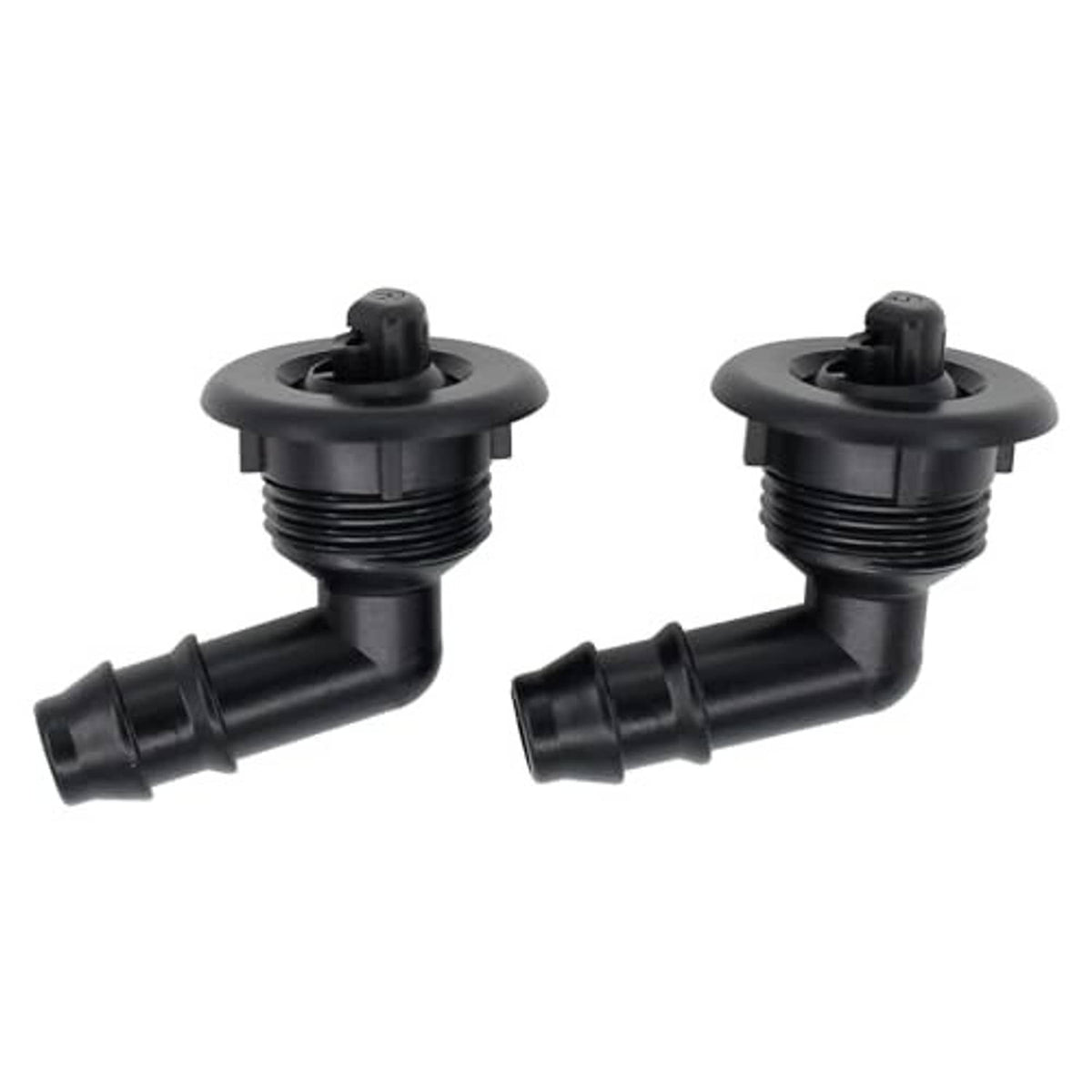 Two black washer nozzle sprayers with threaded bases and angled spout nozzles