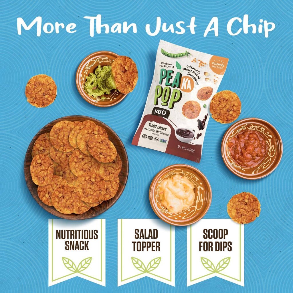 Pea Ka Pop veggie crisps with three serving dips: salad topper and scoop for dips