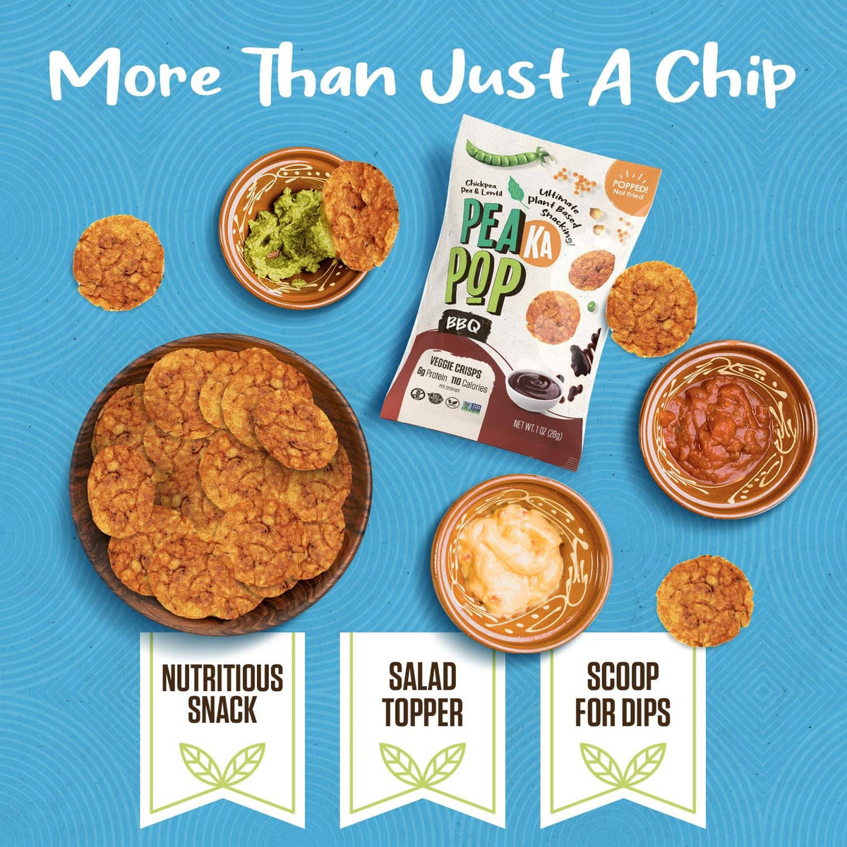 Pea Ka Pop veggie crisps with three serving dips: salad topper and scoop for dips