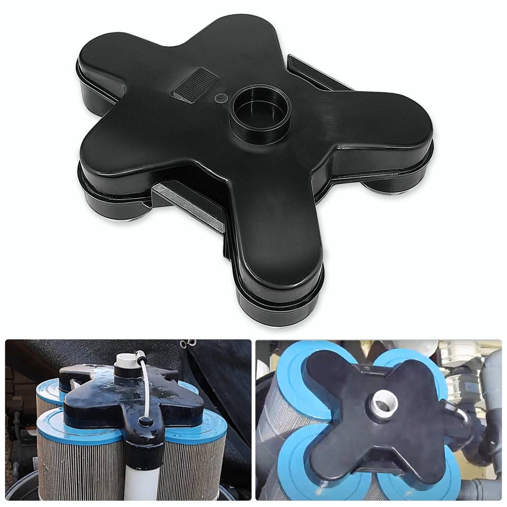 Black cross-shaped pool filter manifold replacement with central outlet and side ports