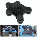 Black cross-shaped pool filter manifold replacement with central outlet and side ports