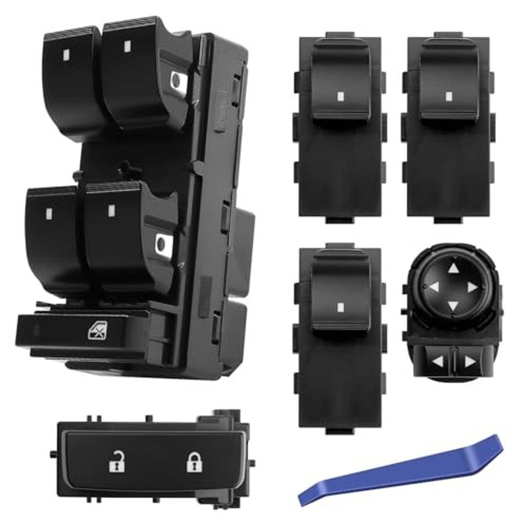 Car power window and door lock switch set with mirror control knob, black plastic.