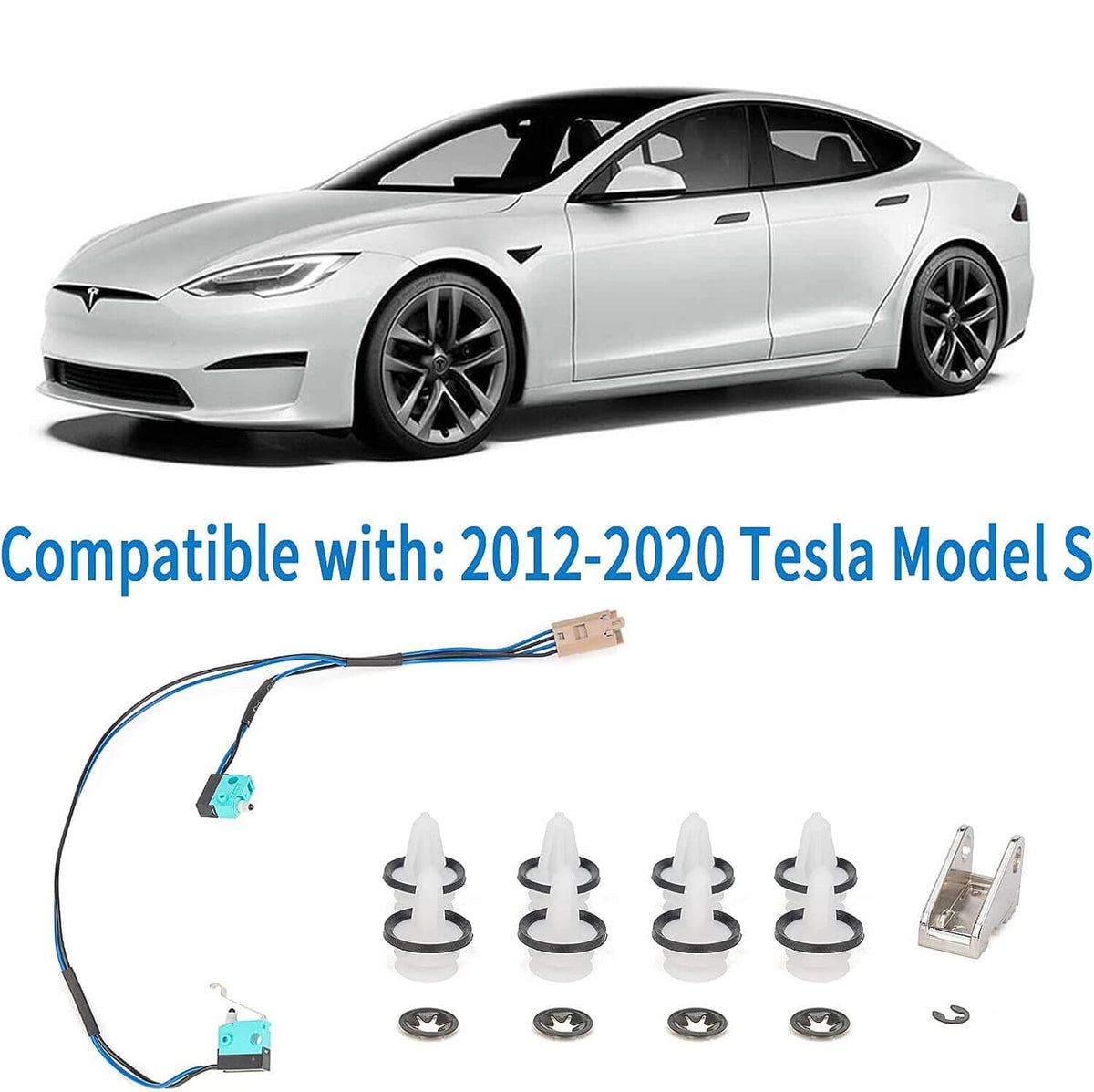 Door handle upgrade kit with black wiring, blue plugs, white push pins, and metal latch piece
