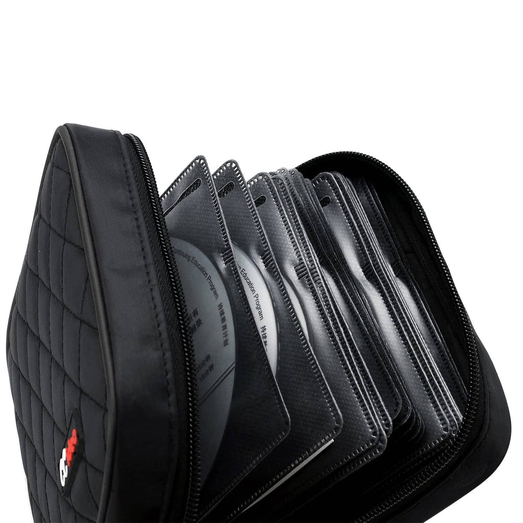 Black CD/DVD case opened to reveal multiple disc sleeves stacked inside