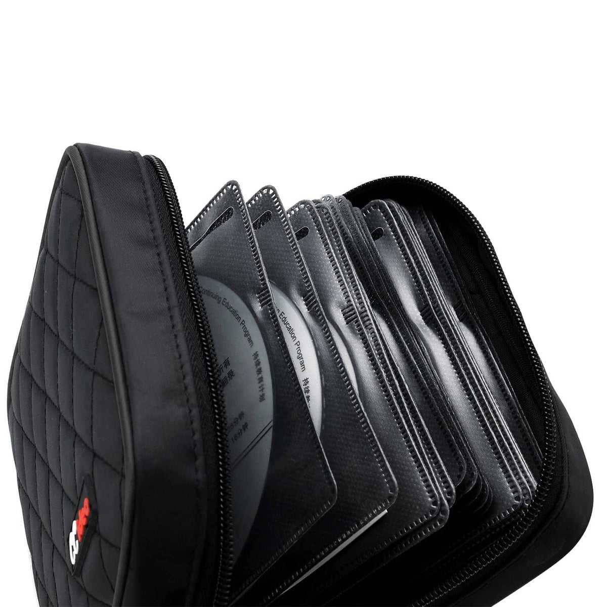 Black CD/DVD case opened to reveal multiple disc sleeves stacked inside