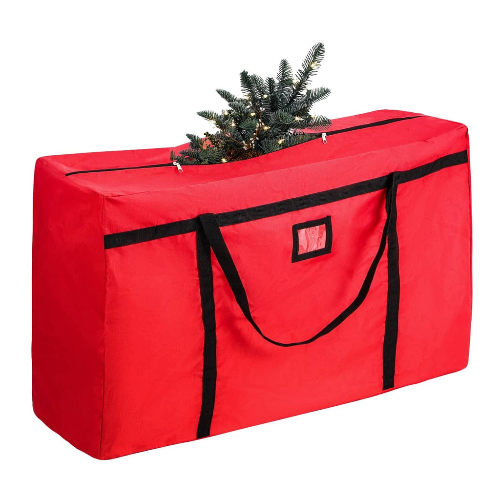 Red Christmas tree storage bag with black trim, tote handles, and top zipper closure.