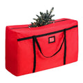 Red Christmas tree storage bag with black trim, tote handles, and top zipper closure.
