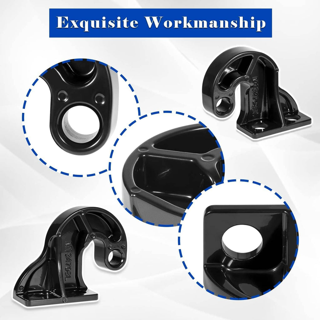 Black lower hood pivot brackets shown from several angles, round mounting holes