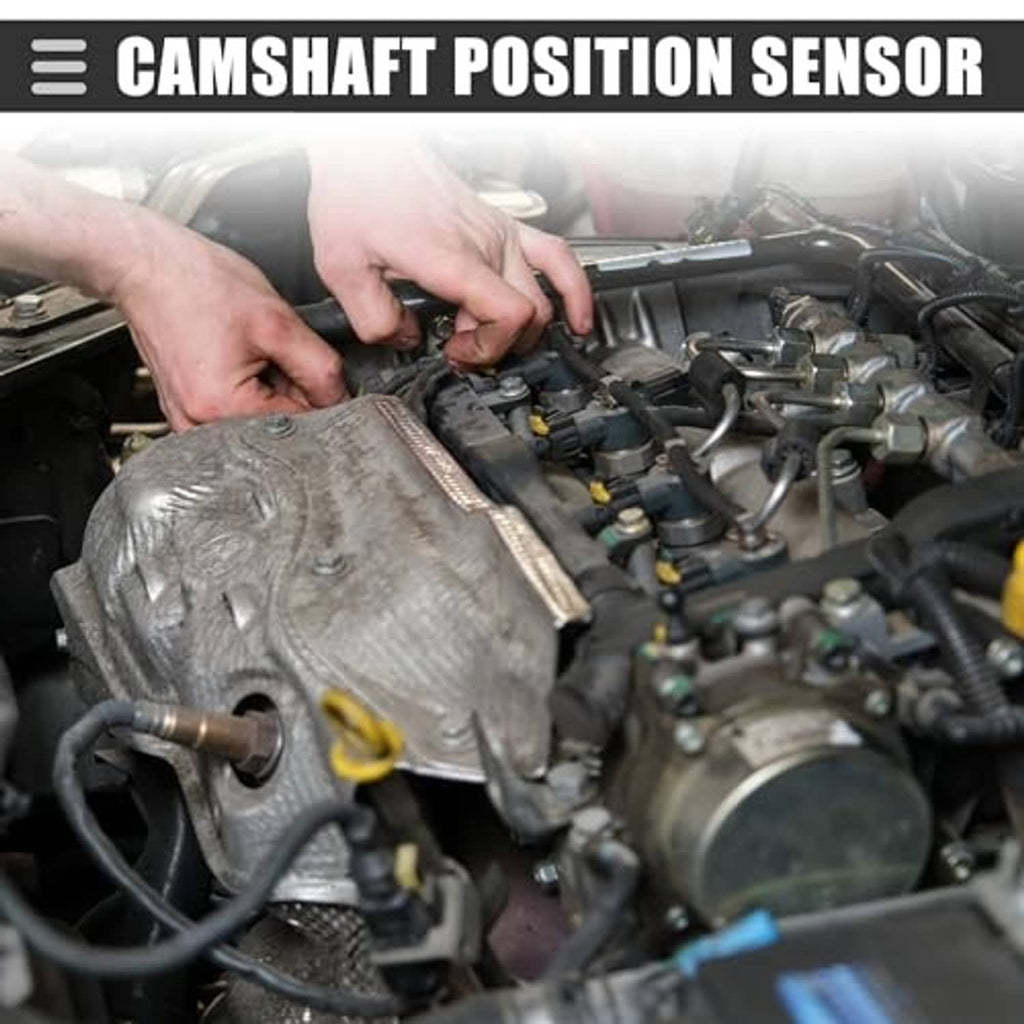 Camshaft position sensor near engine components, held by hands