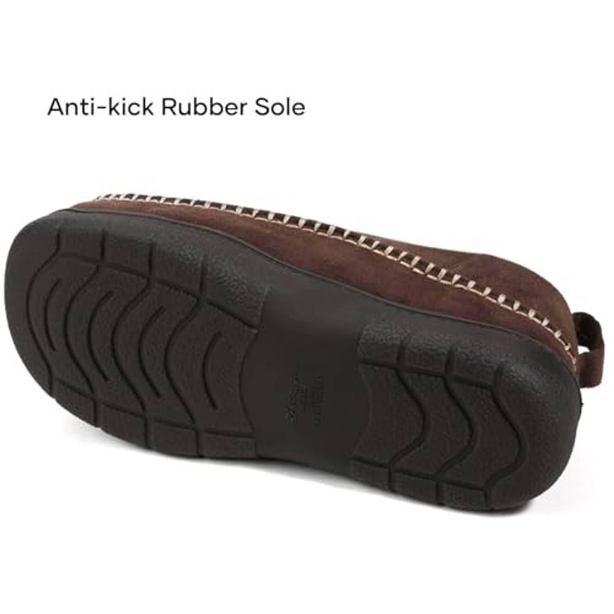 Brown moccasin slipper outsole with black tread and anti-kick rubber sole pattern