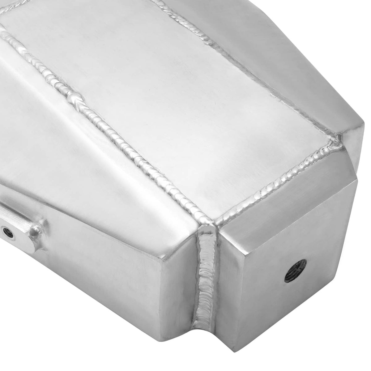Universal air-to-water intercooler close-up of stitched aluminum seams and mounting hole