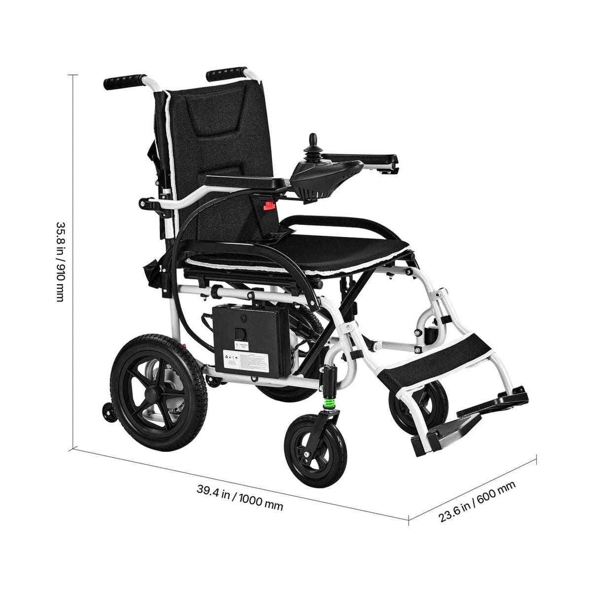 Electric wheelchair side view with black seat cushion, armrest, and front support bar