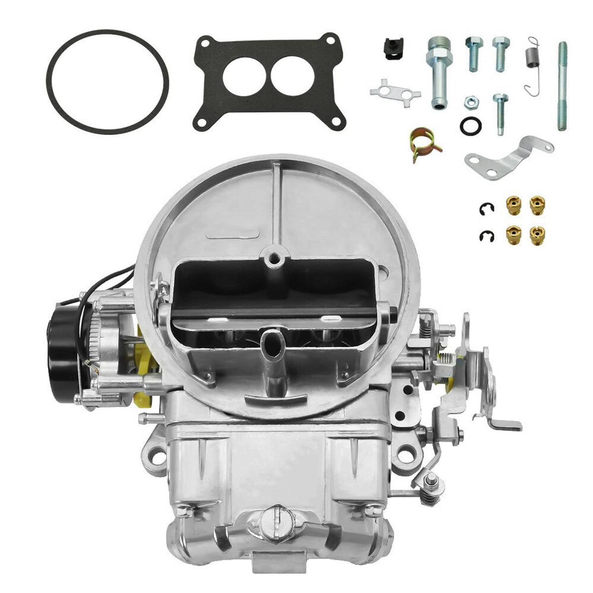 Silver carburetor assembly with black air horn, with gaskets and small parts