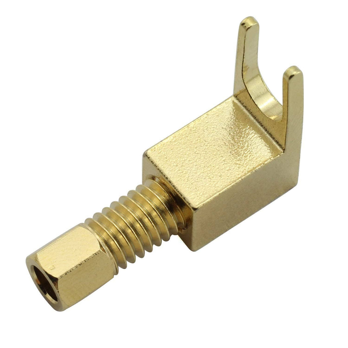 Gold banana-to-spade speaker cable adapter with threaded post and fork prongs