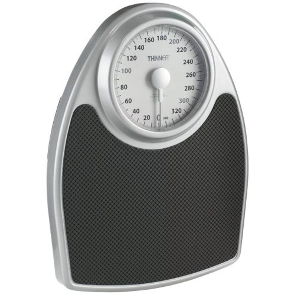 Conair analog bathroom scale with round dial and textured black platform, silver frame