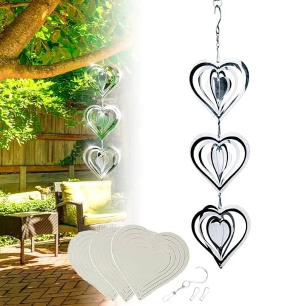 Three-tier mirrored heart wind spinner with polished silver heart discs on hanging hook chain